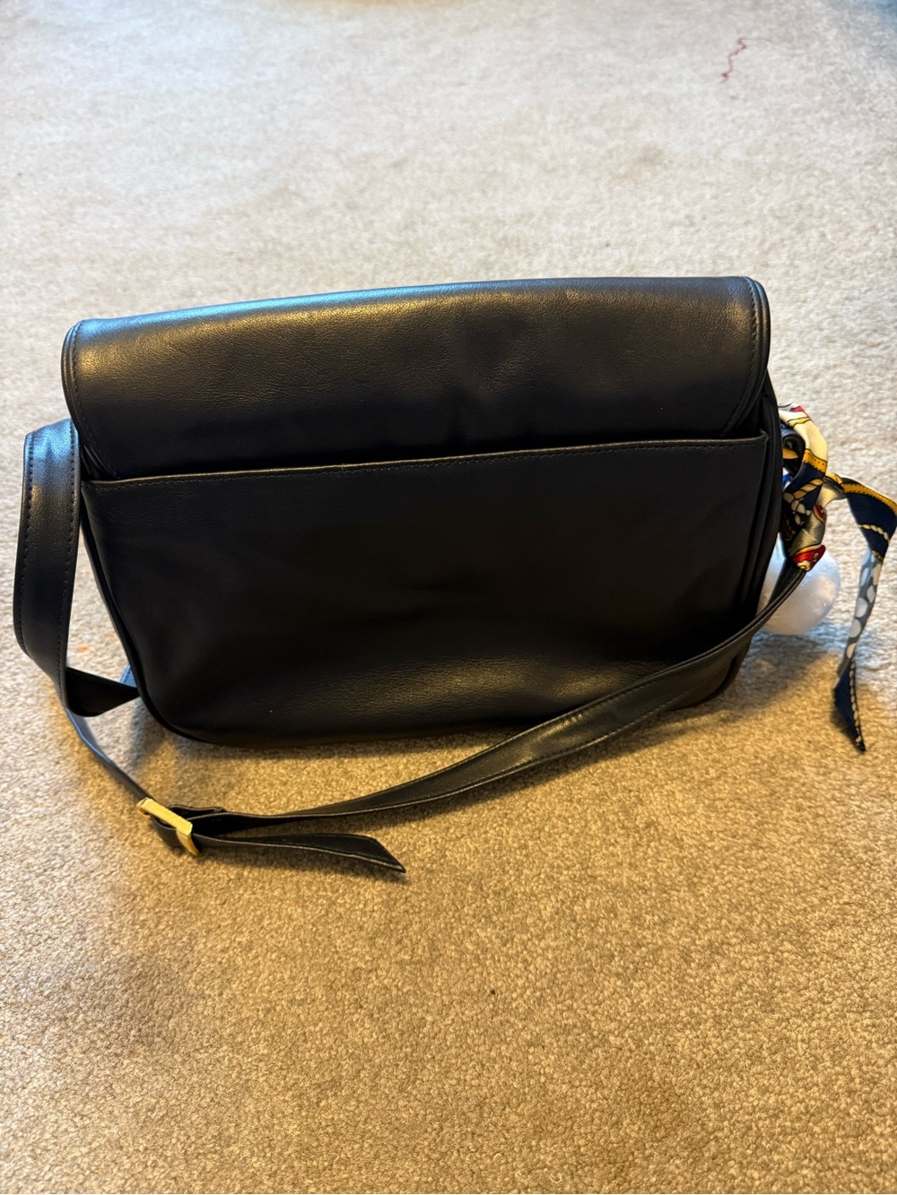 Navy blue Leather Shoulder Bag with Patterned Scarf Accent - Picture 5 of 11